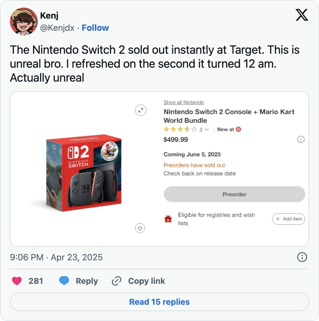 Tweet from @Kenjdx about Target selling out instantly